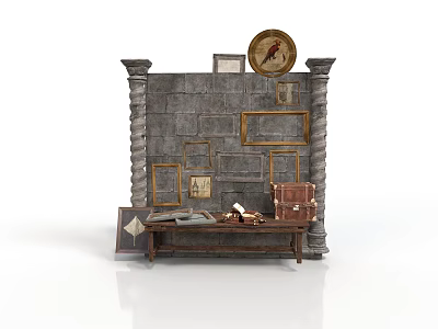 Antique Stone Wall Architecture With Decorative Columns Round Clock Framed Artworks And Wooden Table 3d model