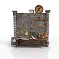 Antique Stone Wall Architecture With Decorative Columns Round Clock Framed Artworks And Wooden Table