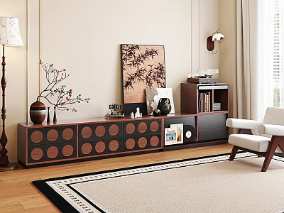 Modern Wooden TV Stand With Round Patterns Decorative Vases And Artwork In Living Room 3d model