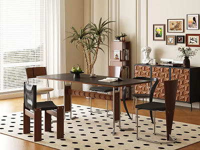 Elegant Modern Living Room Table And Chairs Set With Polka Dot Rug Green Plants And Decorative Paintings 3d model