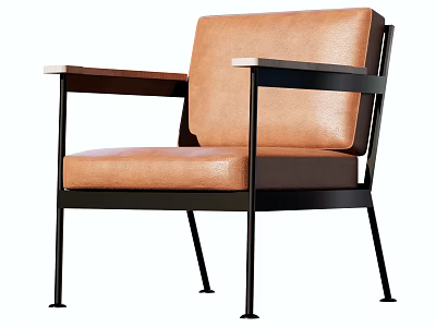 Modern Brown Leather Single Sofa With Armrests And Black Metal Frame 3d model
