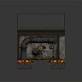 Mechanical Creature With Weapon Standing On Metal Platform With Industrial Pipes And Warning Stripes