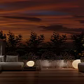 Scenic Garden Landscape With Wrought Iron Gate Stone Pillars Lanterns And Sunset View