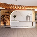 Traditional Chinese Tea House Interior With Wooden Shelves Tea Table And Decorative Plants