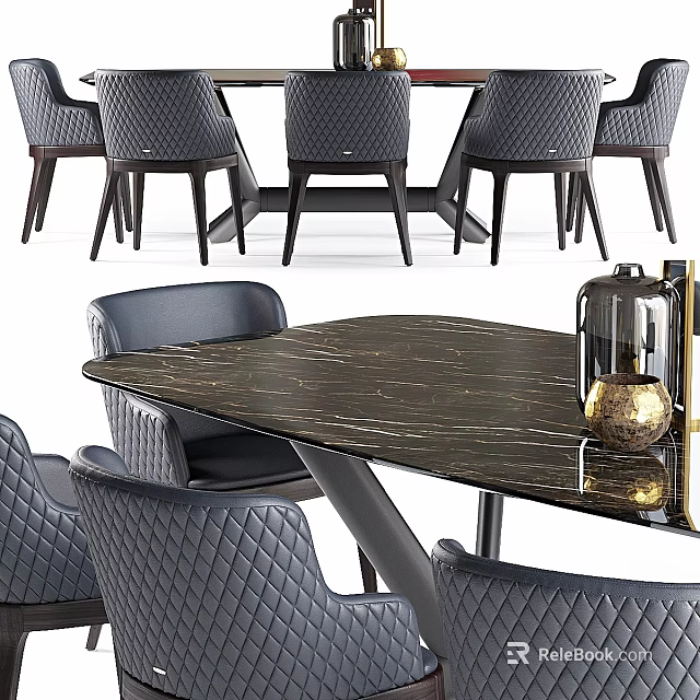 Modern Dining Table And Chairs Set With Marble Top And Quilted Leather Seats 3d model 