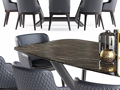 Modern Dining Table And Chairs Set With Marble Top And Quilted Leather Seats 3d model