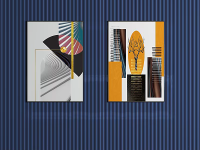 Modern Abstract Decorative Paintings On Blue Striped Wall With Geometric Elements And Color Blocks 3d model