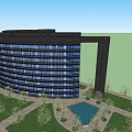 Modern Office Building With Glass Curtain Walls Multi Storey Structure And Surrounding Trees