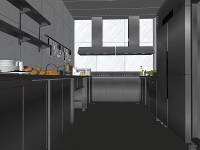 Commercial Restaurant Kitchen Interior With Stainless Steel Cabinets Worktables And Range Hoods 3d model