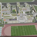 Modern School Buildings With Green Roofs Connected Layout And Sports Field Running Track