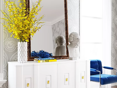 White Console Table With Yellow Flowers Blue Decorative Balls White Statues Mirror And Patterned Wallpaper 3d model