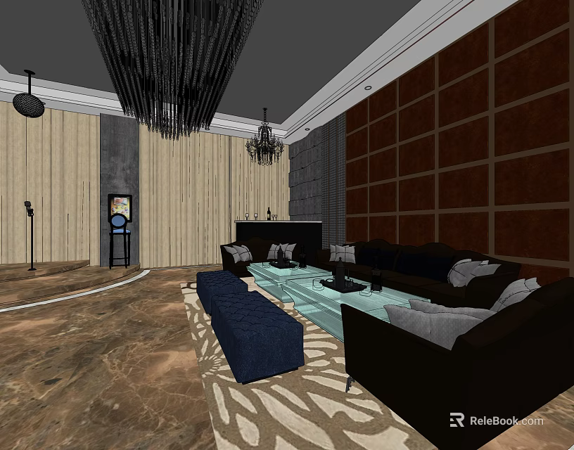 Luxury KTV Interior Design With Comfortable Sofas Chandeliers And Coffee Table 3d model 
