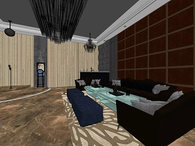 Luxury KTV Interior Design With Comfortable Sofas Chandeliers And Coffee Table 3d model