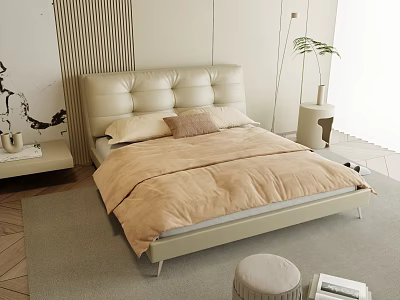 Light Colored Leather Double Bed With Tufted Headboard Beige Comforter Pillows And Green Plant 3d model