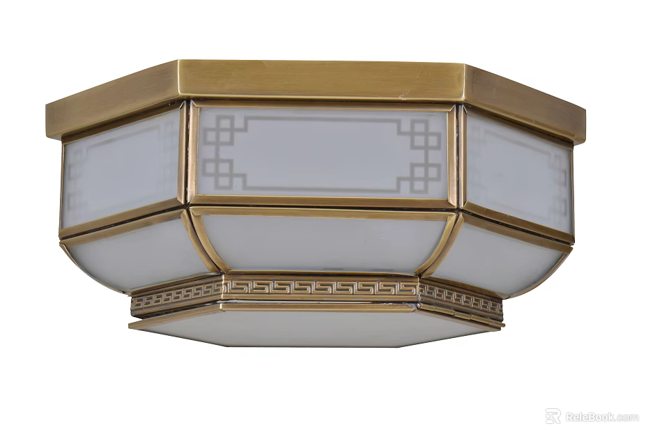 Octagonal Brass Frame Ceiling Light With White Lampshade And Chinese Lattice Patterns 3d model