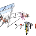 Colorful Bicycles With Triangular Storage Rack Hanging Hooks And Orange Pink Yellow Frames