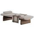 Modern Beige Fabric Ottoman Bench With Wooden Legs And Striped Throw Blanket