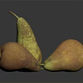 Three Yellow And Orange Speckled Pears On Black Smooth Surface With Reflections