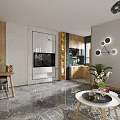 Modern Living and Dining Room Interior Design With Sofa Coffee Table Dining Table and Marble Flooring