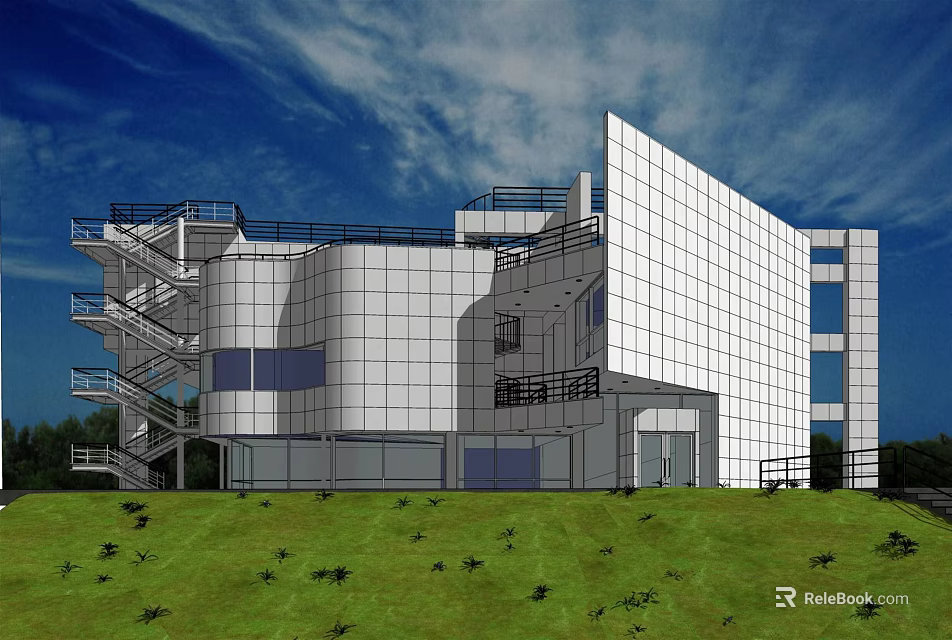 Modern White Office Building With Glass Facade External Stairs And Green Grassland 3d model 