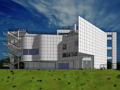 Modern White Office Building With Glass Facade External Stairs And Green Grassland 3d model