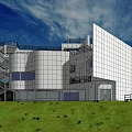 Modern White Office Building With Glass Facade External Stairs And Green Grassland