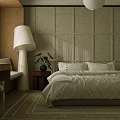 Beige Paneled Wall Bedroom With Sunlight Shadows Floor Lamp Bedside Table Green Plant White Linens