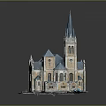 Garden Landscape Design Featuring Historic Church With Spire And Blue Roof