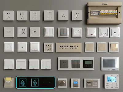 Modern Home Switch Panels With Various Sockets Controls And Decorative Styles 3d model