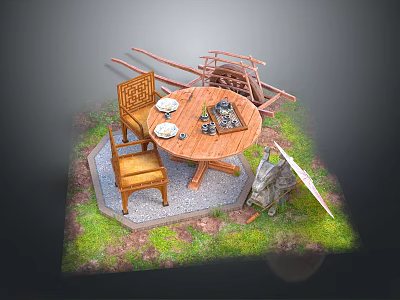 Round Wooden Outdoor Table With Chairs Tableware On Gravel Ground And Grass Area 3d model