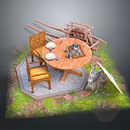 Round Wooden Outdoor Table With Chairs Tableware On Gravel Ground And Grass Area