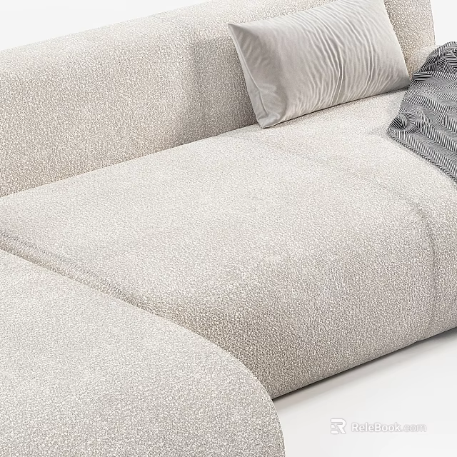 Modern Beige Sectional Sofa With Textured Fabric Pillows And Throw Blanket 3d model
