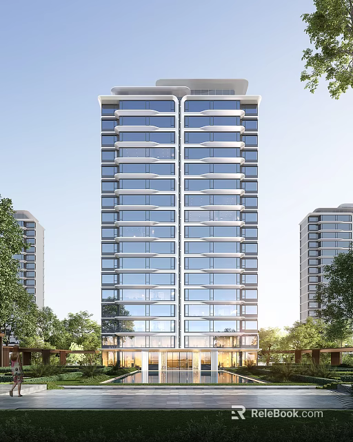 Modern High Rise Residential Building With Glass Windows And Trees Around 3d model 