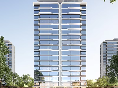 Modern High Rise Residential Building With Glass Windows And Trees Around 3d model