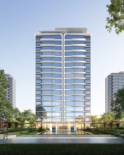 Modern High Rise Residential Building With Glass Windows And Trees Around 3d model