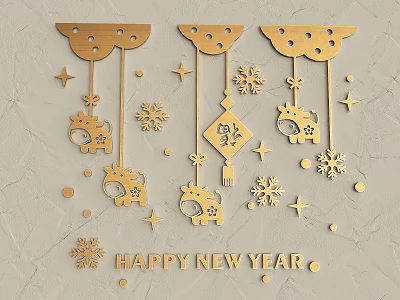 Golden New Year Themed Wall Decor With Calf Snowflakes Stars And Happy New Year Lettering 3d model