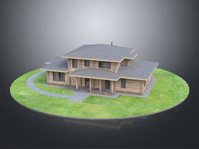 Two Story Wooden House Exterior With Gray Roof Green Grass And Path 3d model