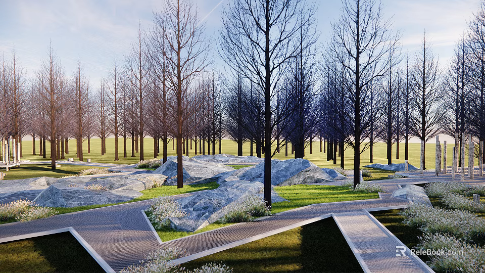 Scenic Park Landscape With Neatly Arranged Trees Large Rocks Green Lawns And Paved Paths 3d model 