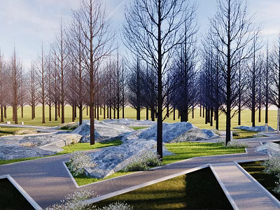 Scenic Park Landscape With Neatly Arranged Trees Large Rocks Green Lawns And Paved Paths 3d model