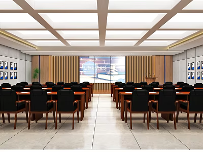 Professional Conference Room With Rows Of Tables Chairs Projection Screen And Wall Decorations 3d model