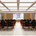 Professional Conference Room With Rows Of Tables Chairs Projection Screen And Wall Decorations