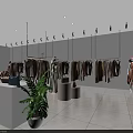 Modern Clothing Store with Hanging Clothes Mannequins Display Counters Bags and Green Plants