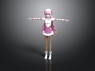 Cute Child With Pink Hair And Arms Outstretched In Pink White Dress And White Boots 3d model