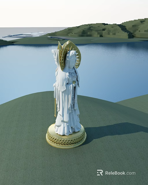 Elegant White Sculpture With Golden Decoration And Base On Green Grass By Water 3d model 