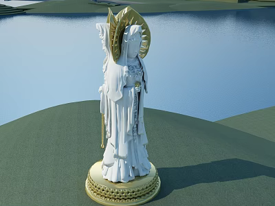 Elegant White Sculpture With Golden Decoration And Base On Green Grass By Water 3d model