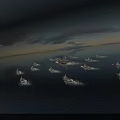 Modern Military Warships Sailing in Formation with Large and Small Vessels at Sea