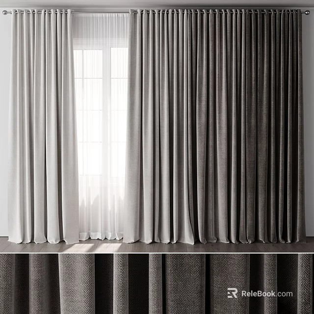 Elegant Modern Curtains in Gray and White for Living Room Window Decor 3d model 
