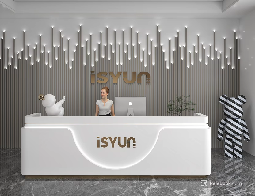 Modern Store Front Desk with isYUN Logo Vertical Striped Backdrop and Droplet Shaped Ceiling Lights 3d model 