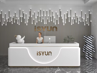 Modern Store Front Desk with isYUN Logo Vertical Striped Backdrop and Droplet Shaped Ceiling Lights 3d model