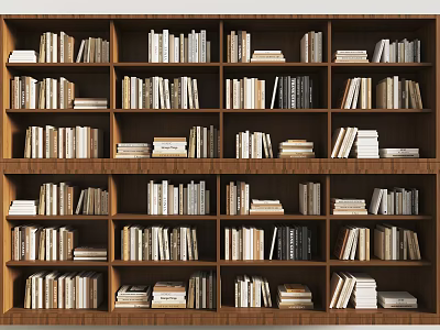 Wooden Bookshelves Filled With Stacked Books In Organized Library Interior 3d model